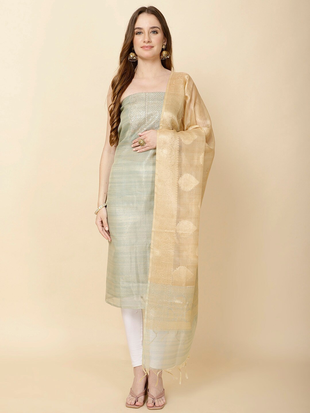 

Meena Bazaar Floral Embroidered Zari Art Silk Unstitched Dress Material, Sea green