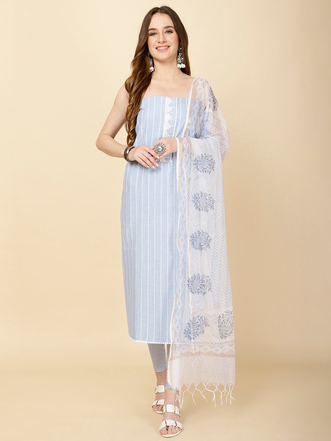 

Meena Bazaar Striped Unstitched Dress Material, Blue