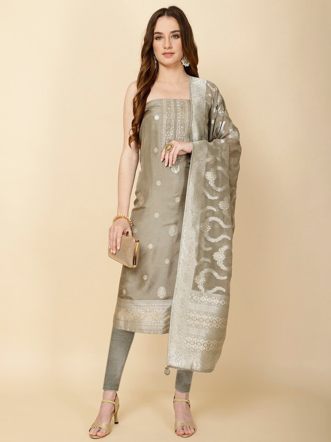 

Meena Bazaar Floral Woven Design Unstitched Dress Material, Green
