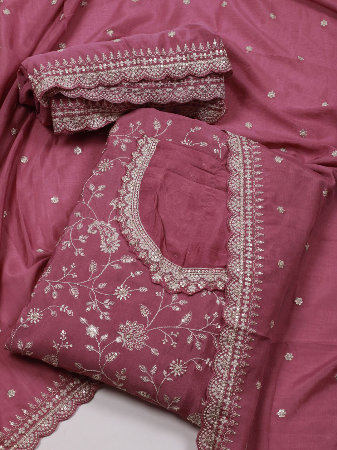 

Meena Bazaar Floral Embroidered Beads & Stones Unstitched Dress Material, Pink