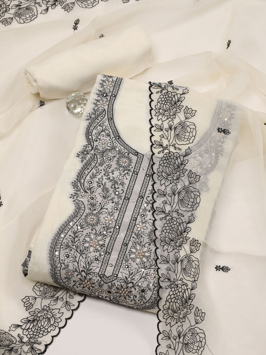 

Meena Bazaar Embroidered Unstitched Dress Material, Cream