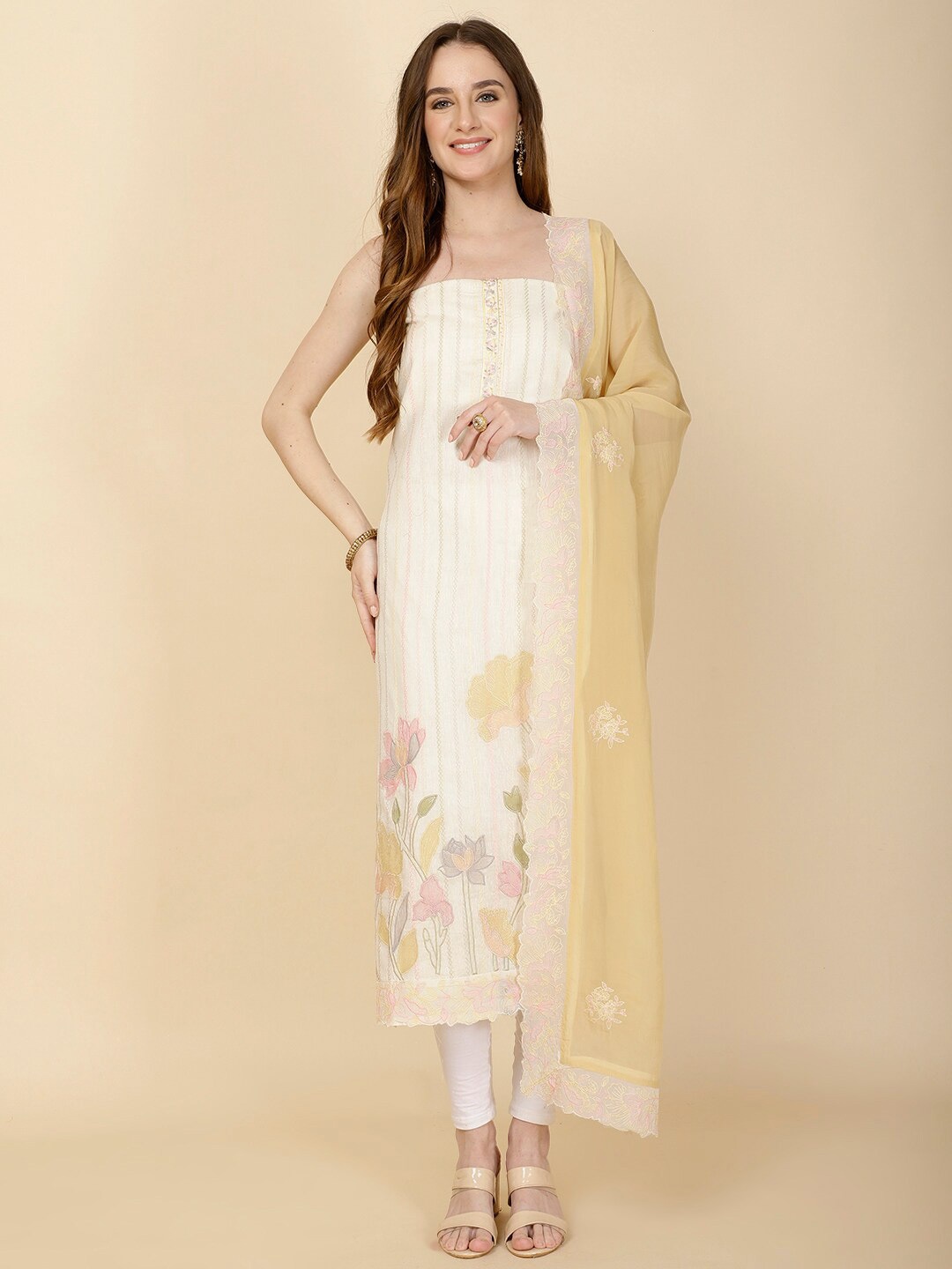 

Meena Bazaar Floral Printed Unstitched Dress Material, Cream