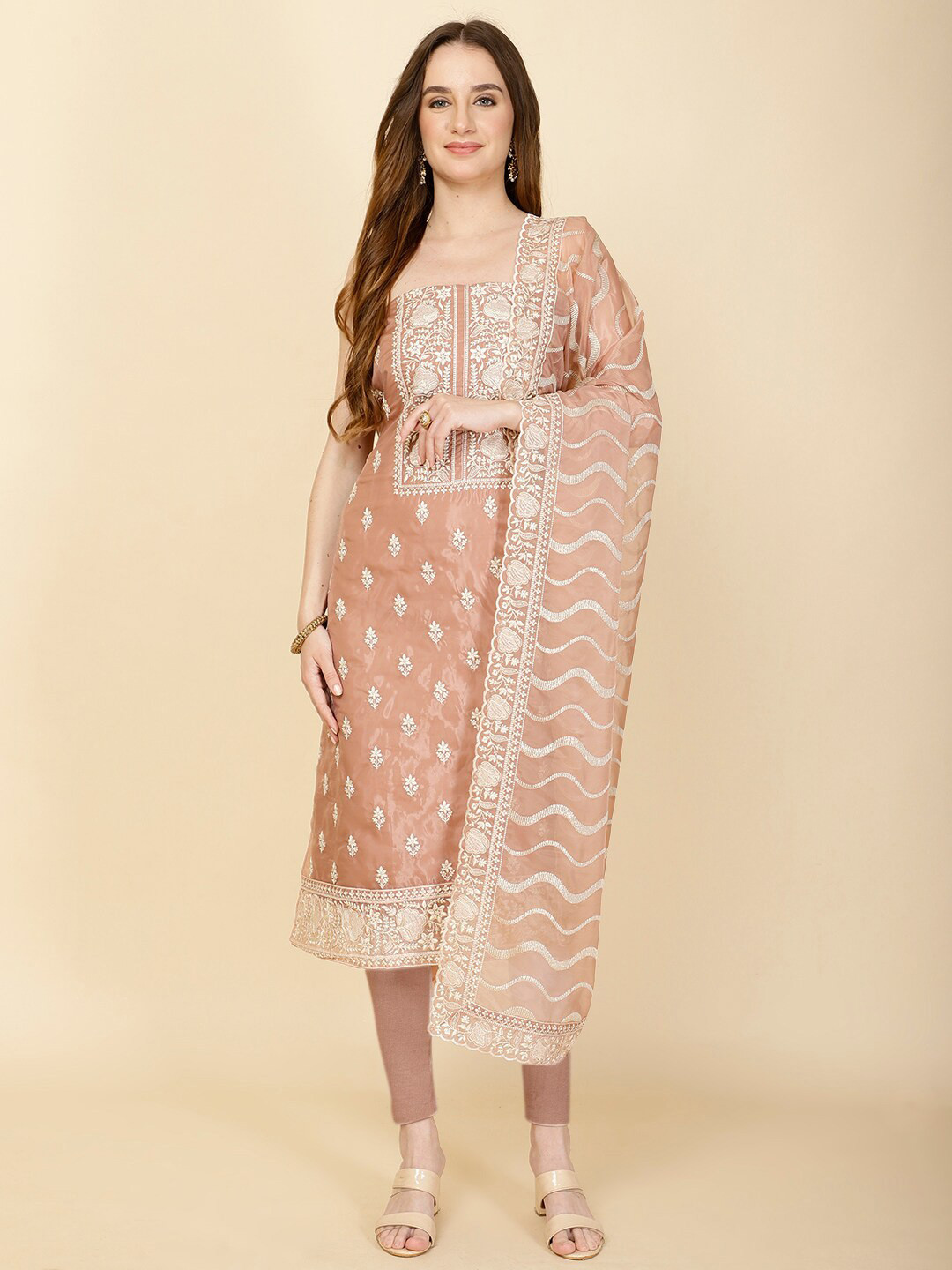 

Meena Bazaar Embroidered Organza Unstitched Dress Material, Brown