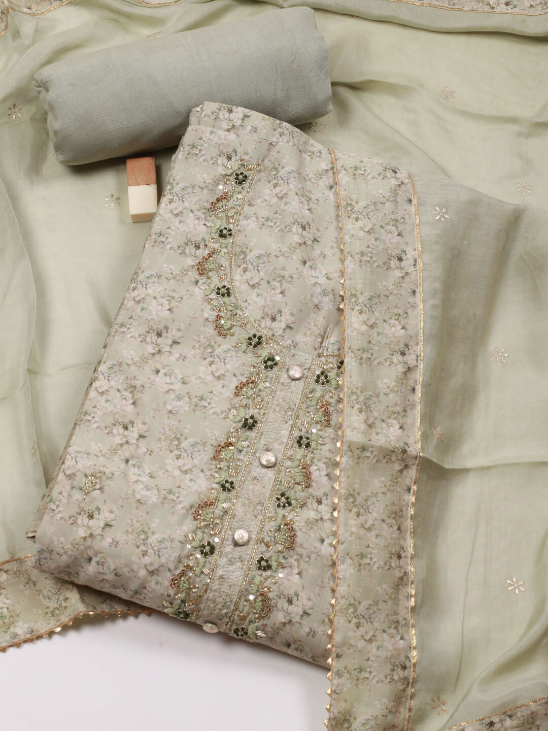 

Meena Bazaar Floral Printed Unstitched Dress Material, Green
