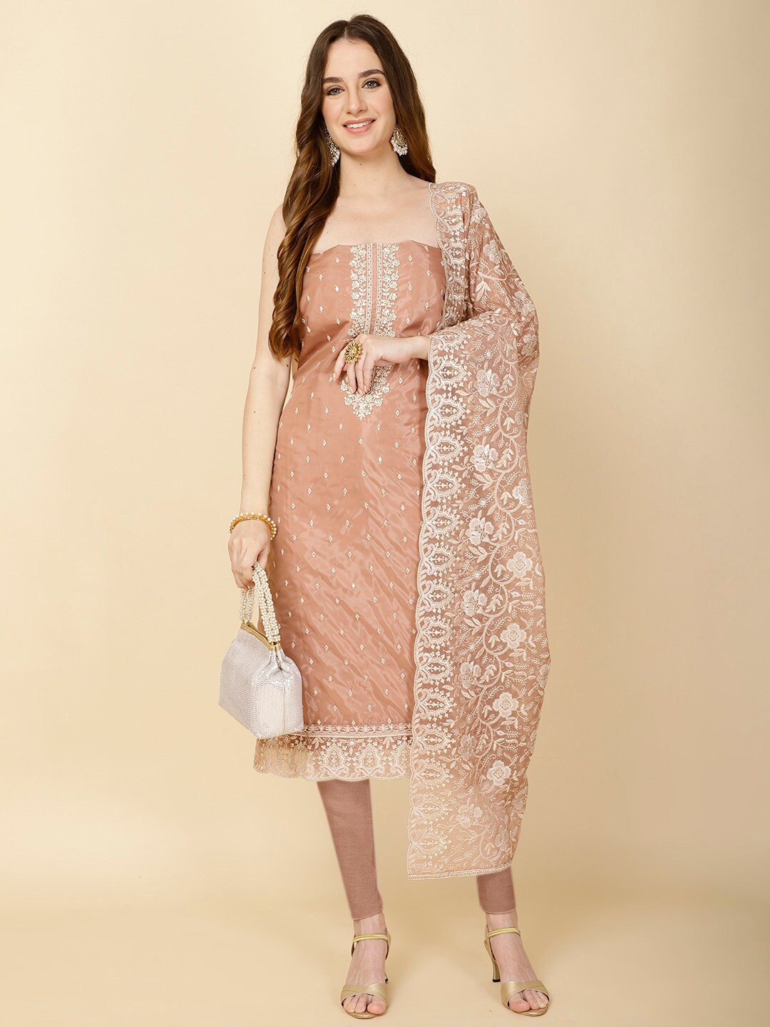 

Meena Bazaar Embroidered Unstitched Dress Material, Brown