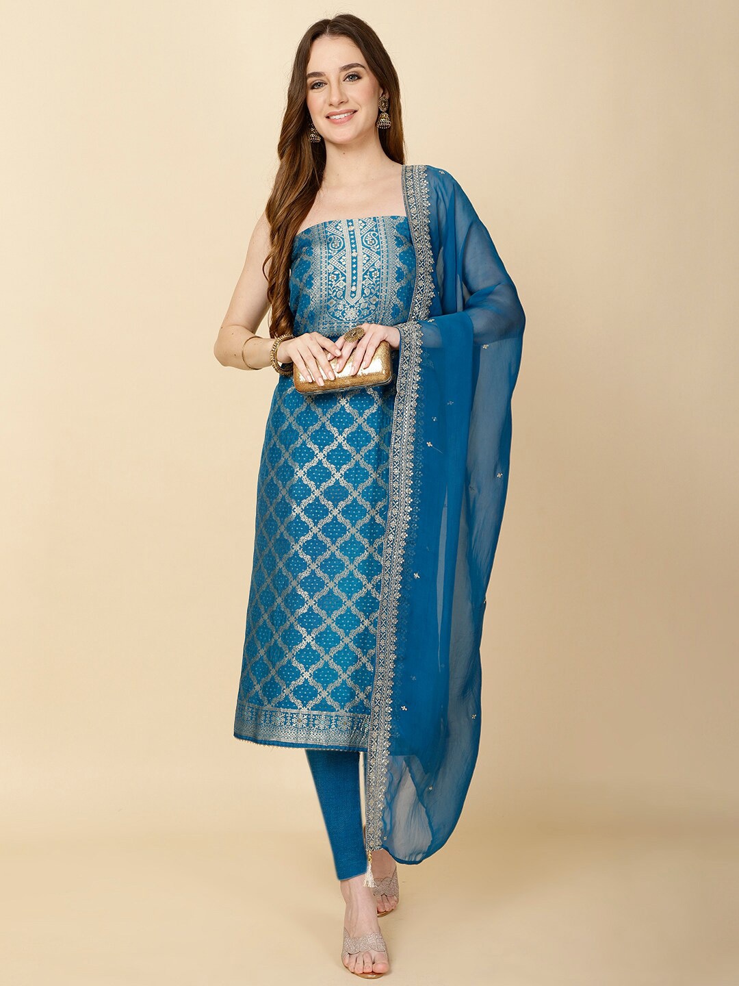 

Meena Bazaar Ethnic Motifs Printed Unstitched Dress Material, Teal