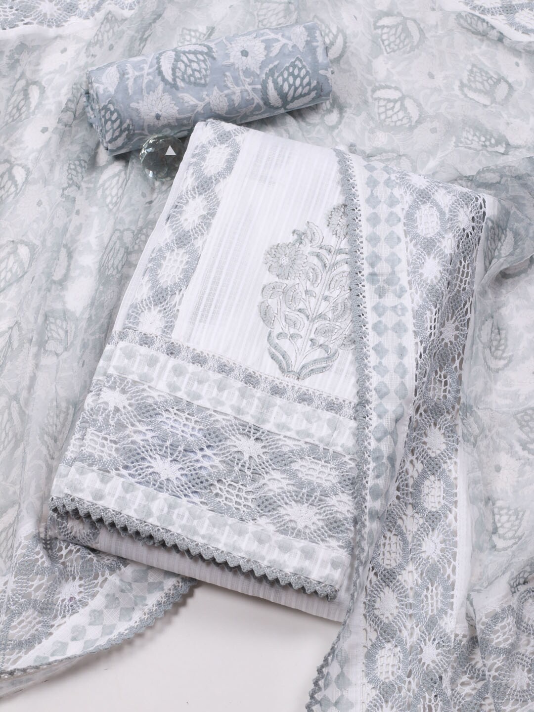 

Meena Bazaar Ethnic Motifs Printed Unstitched Dress Material, White