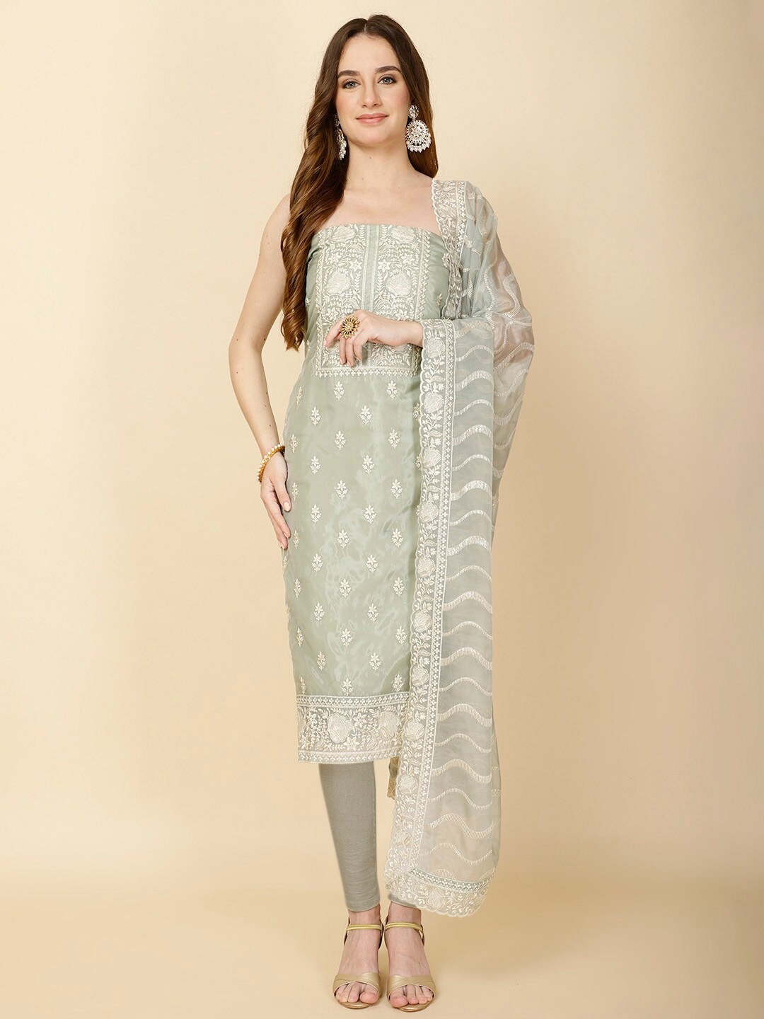 

Meena Bazaar Embroidered Organza Unstitched Dress Material, Green