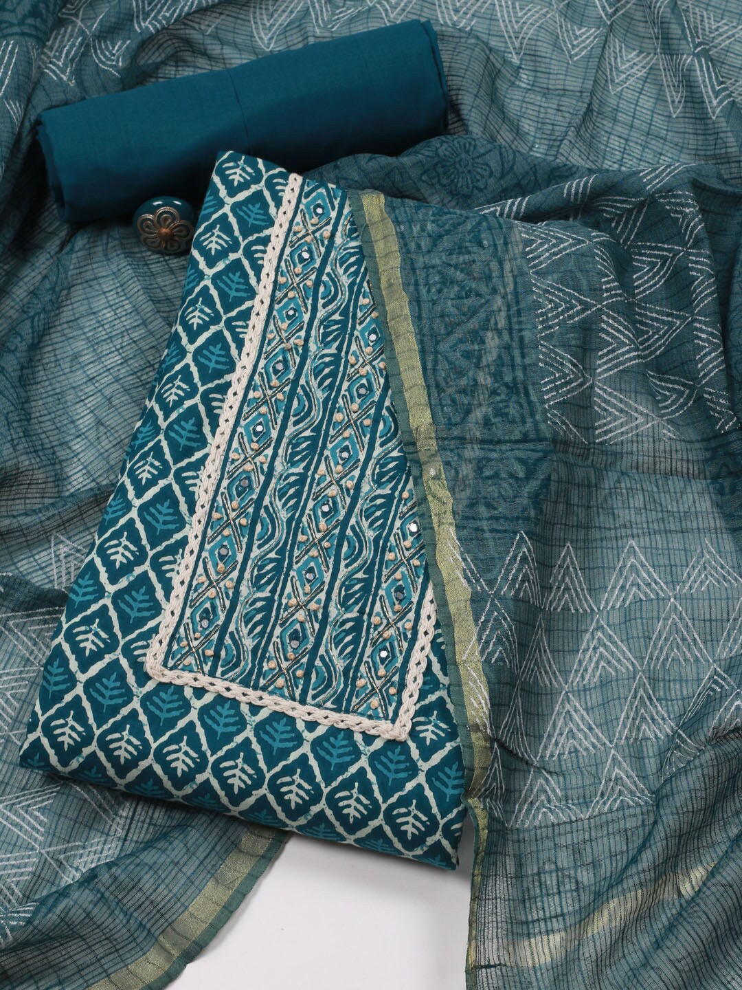 

Meena Bazaar Ethnic Motifs Printed Unstitched Dress Material, Teal