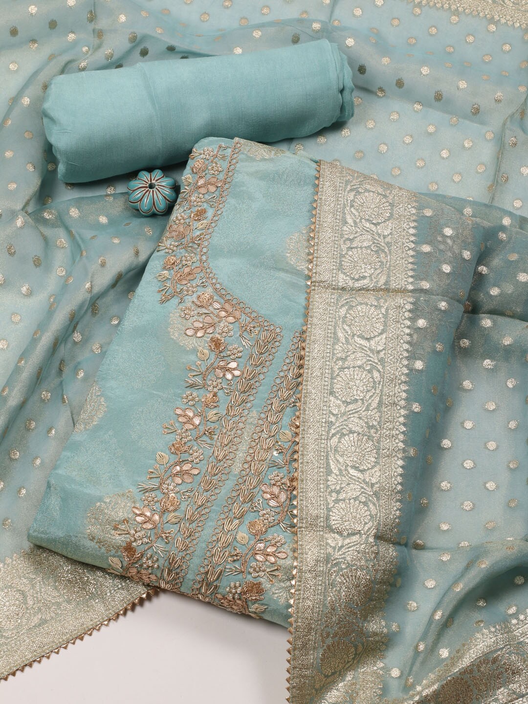 

Meena Bazaar Embroidered Organza Unstitched Dress Material, Blue