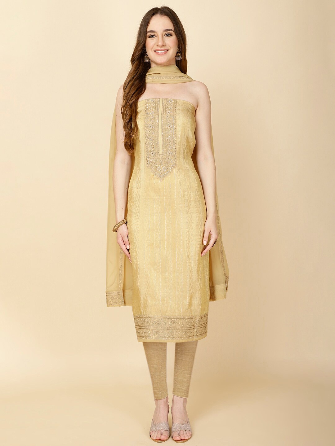 

Meena Bazaar Ethnic Motifs Embroidered Unstitched Dress Material, Beige