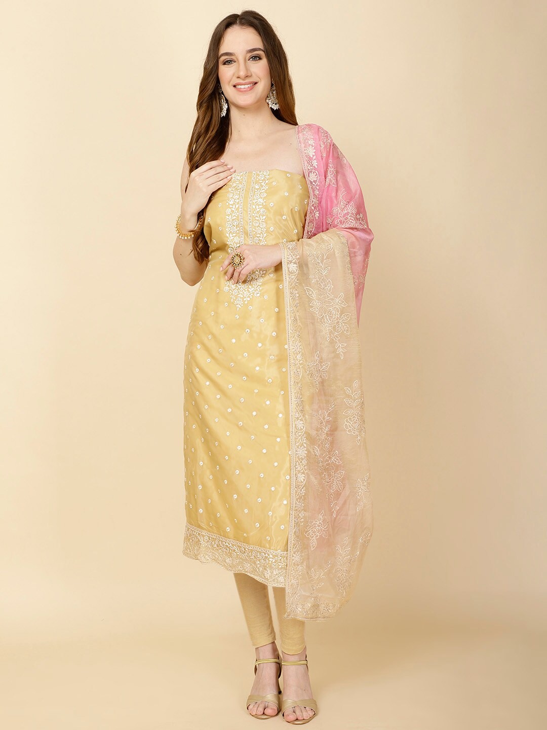 

Meena Bazaar Floral Embroidered Organza Unstitched Dress Material, Yellow