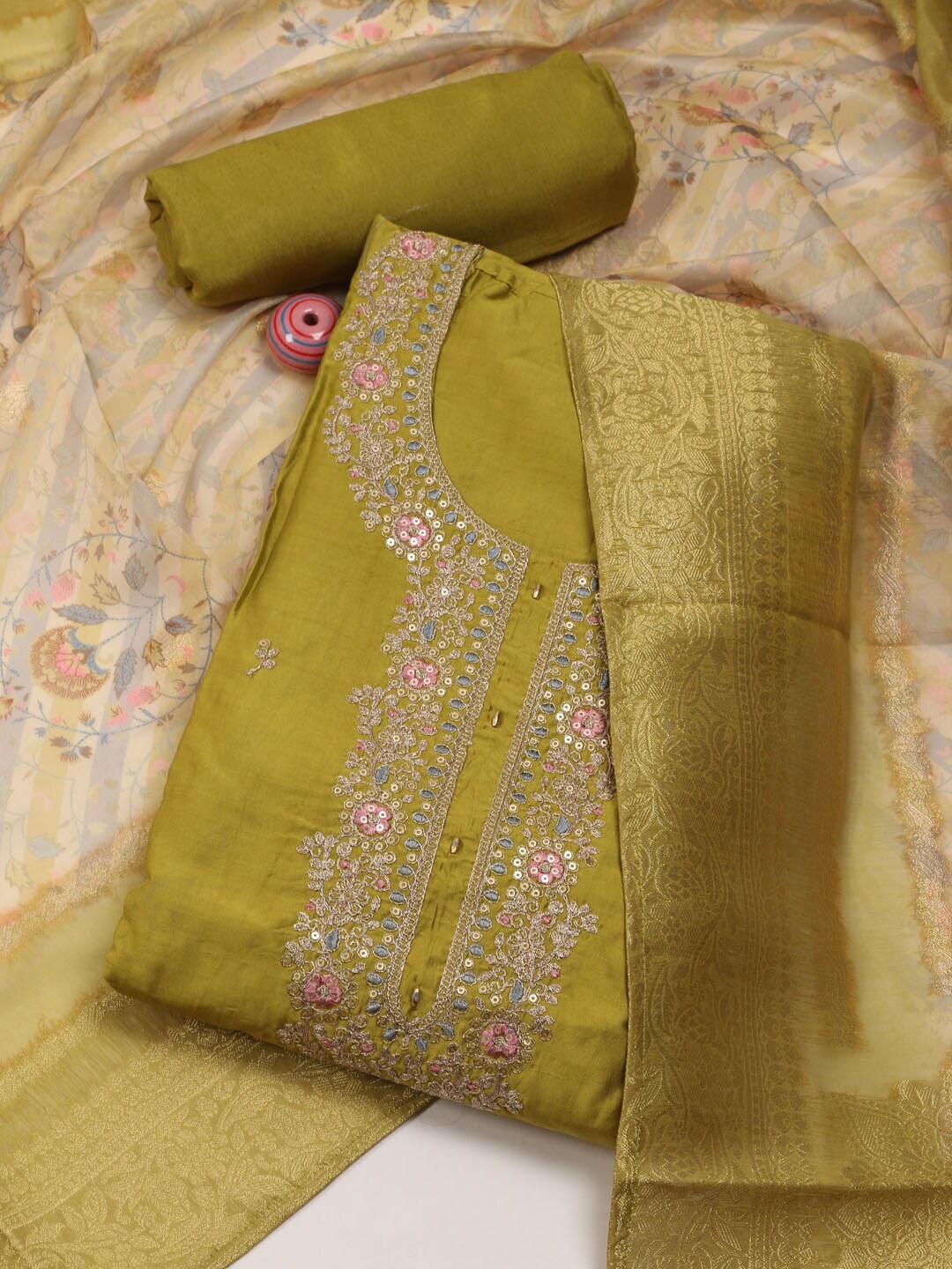 

Meena Bazaar Floral Embroidered Art Silk Unstitched Dress Material, Green