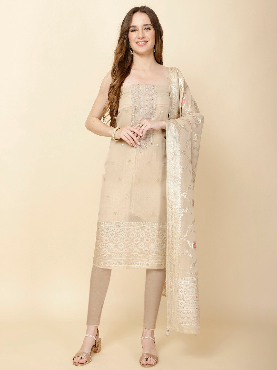 

Meena Bazaar Embroidered Unstitched Dress Material, Beige