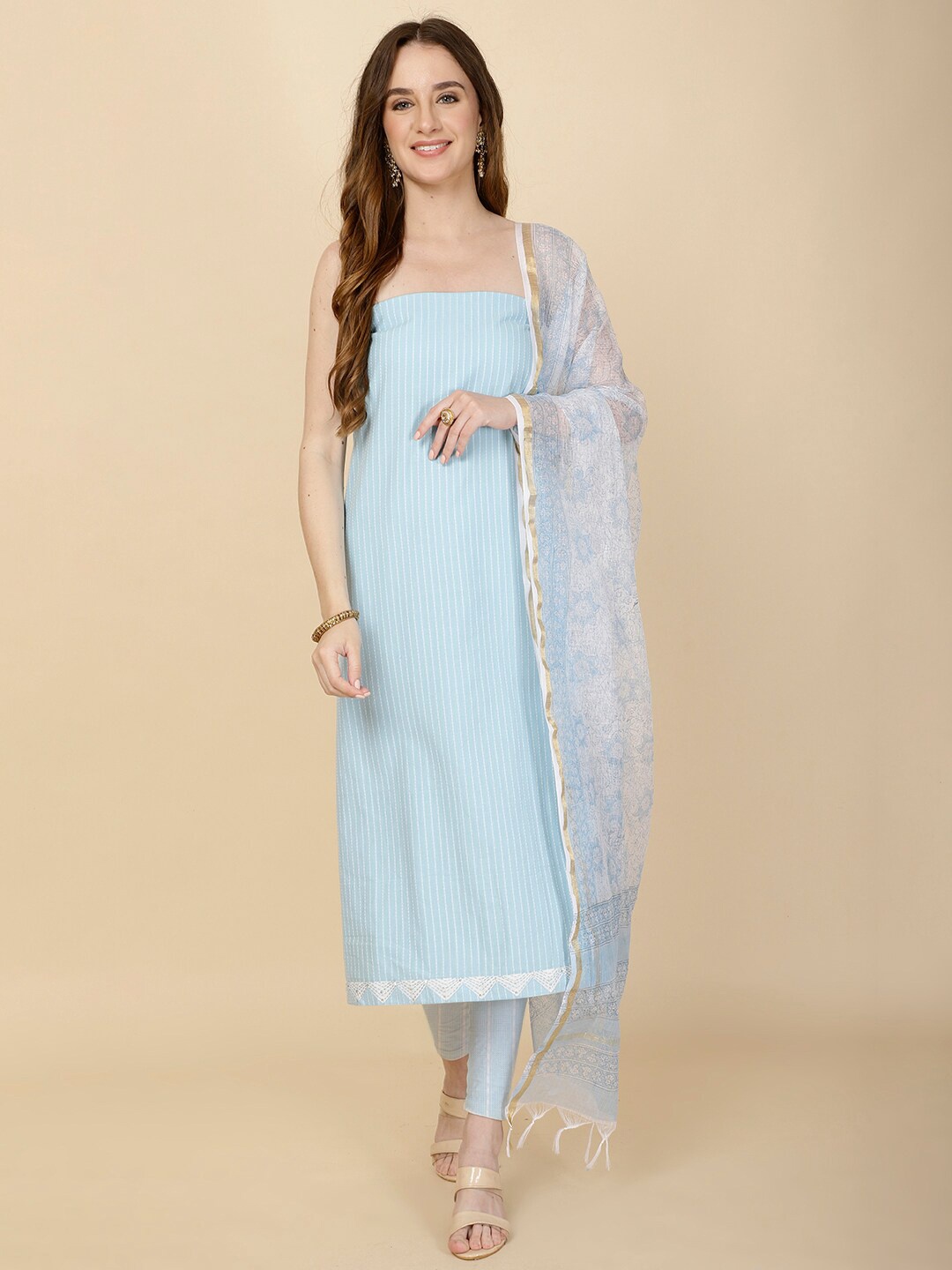 

Meena Bazaar Ethnic Motifs Printed Unstitched Dress Material, Blue