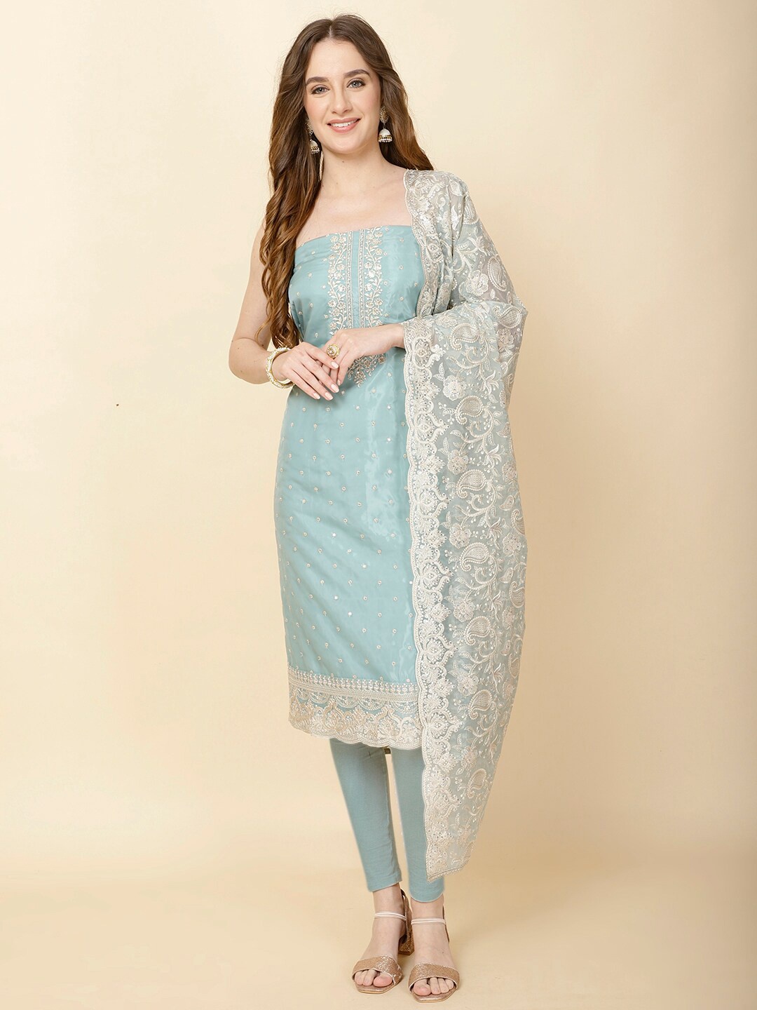 

Meena Bazaar Floral Embroidered Unstitched Dress Material, Sea green