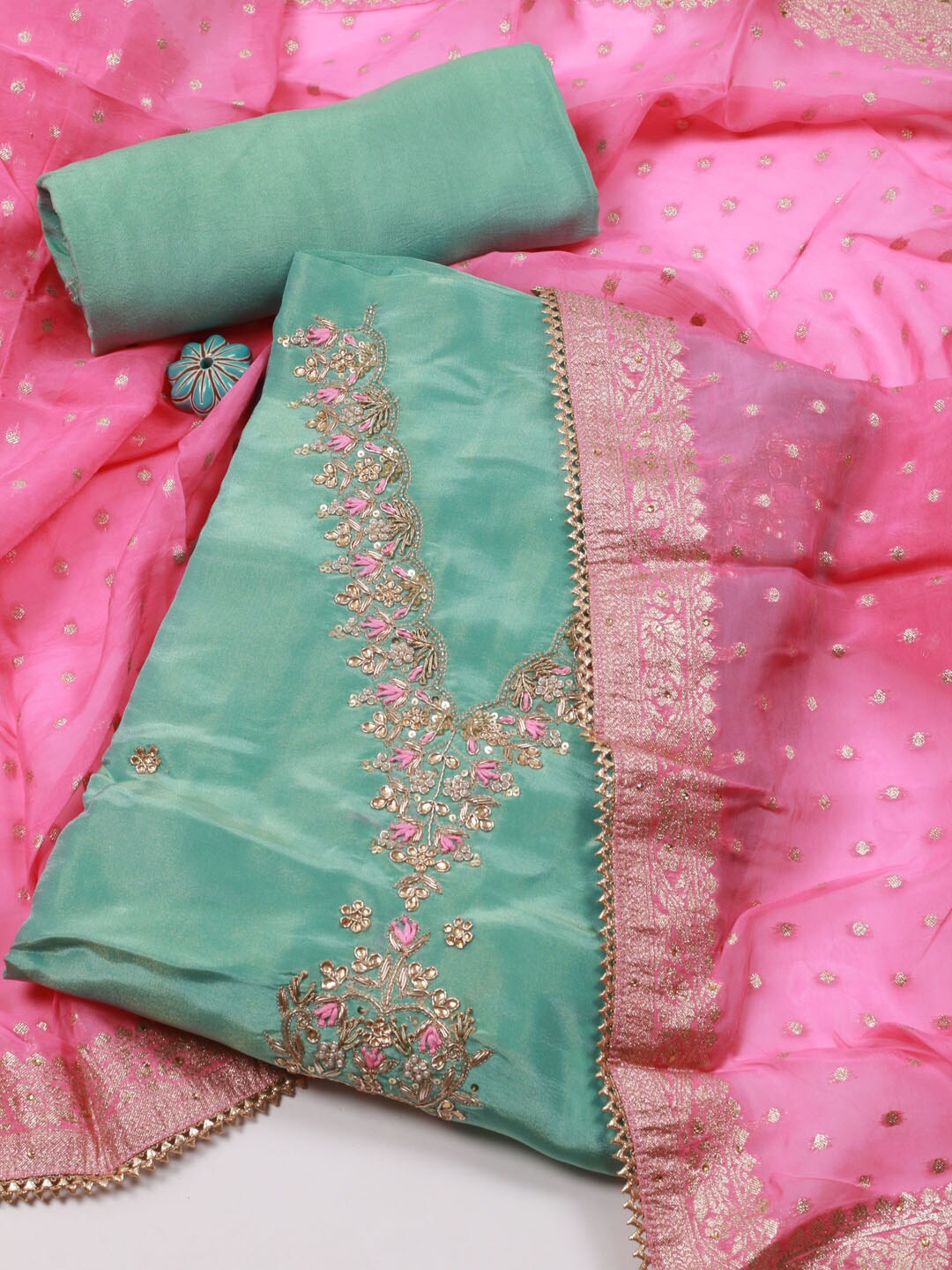

Meena Bazaar Embroidered Art Silk Unstitched Dress Material, Sea green