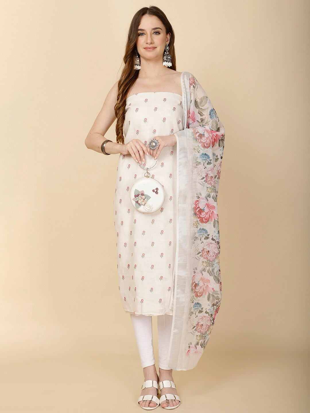 

Meena Bazaar Floral Embroidered Linen Unstitched Dress Material, Cream