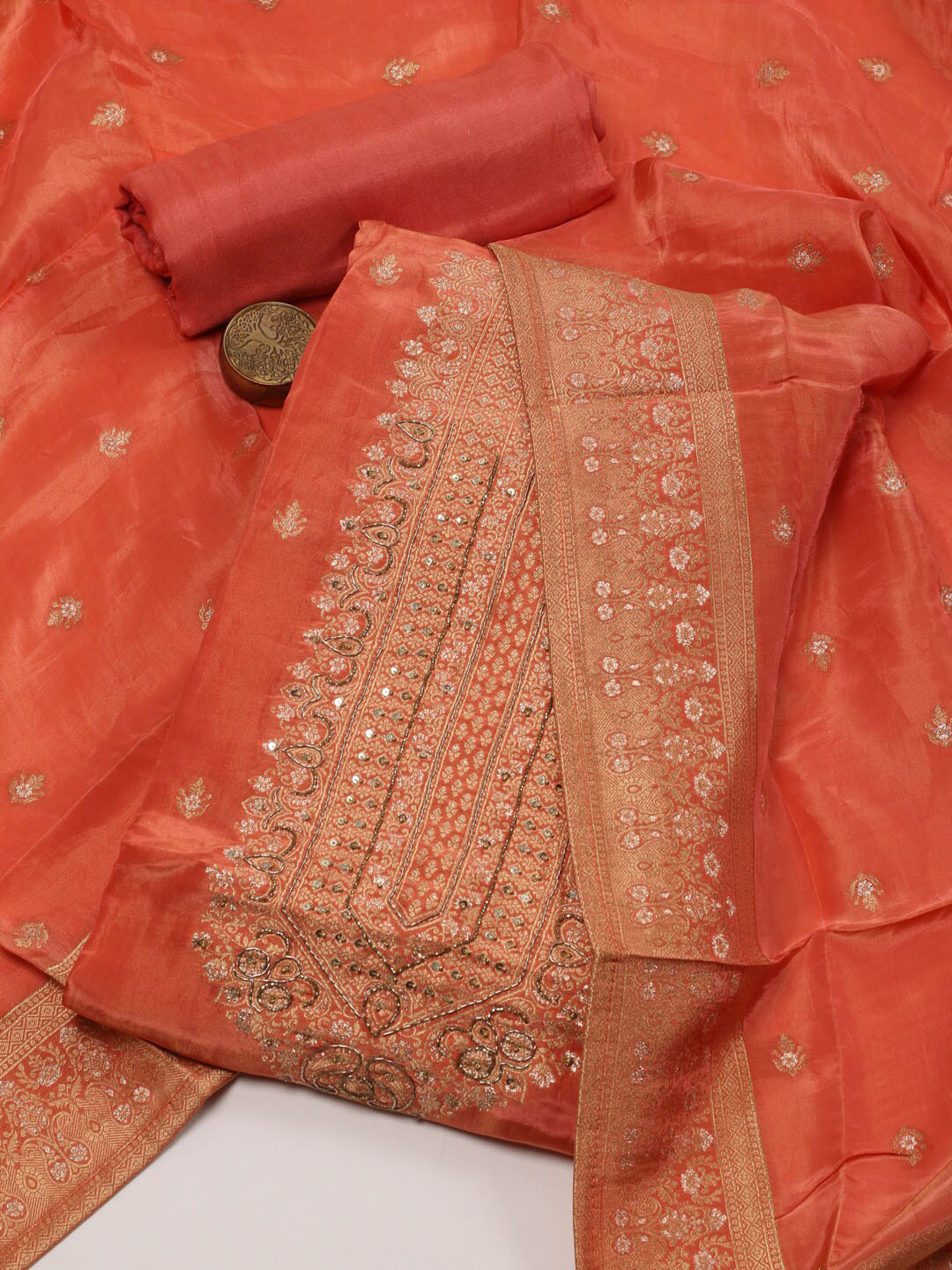 

Meena Bazaar Ethnic Motifs Woven Design Unstitched Dress Material, Peach