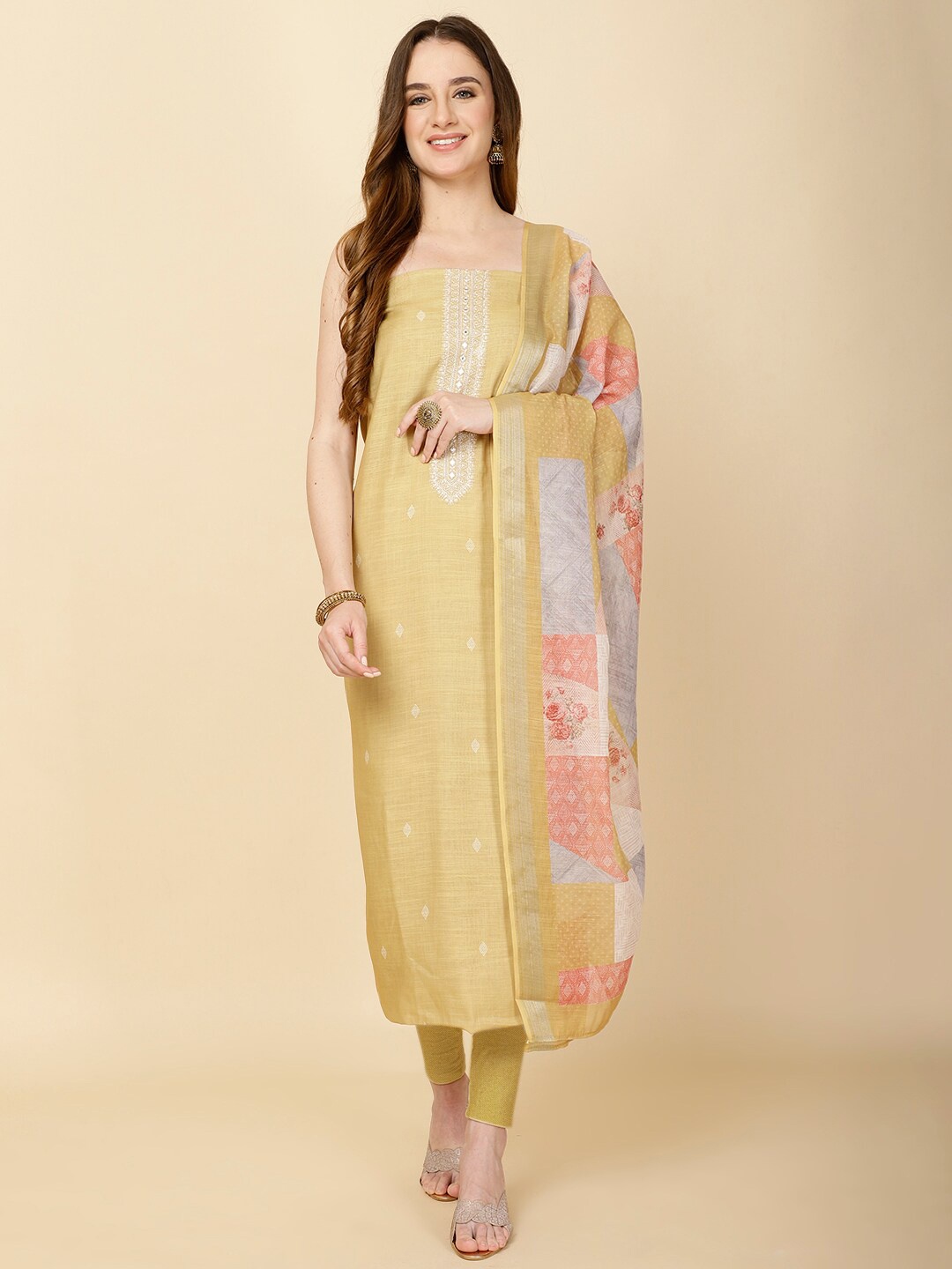 

Meena Bazaar Floral Embroidered Linen Unstitched Dress Material, Yellow