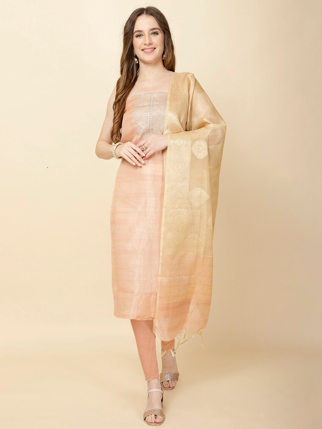 

Meena Bazaar Woven Design Unstitched Dress Material, Peach