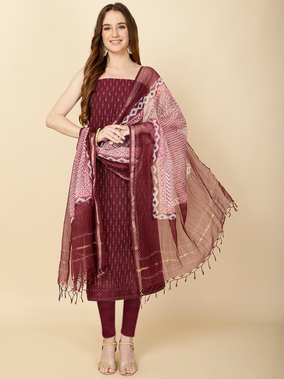 

Meena Bazaar Geometric Woven Design Unstitched Dress Material, Burgundy