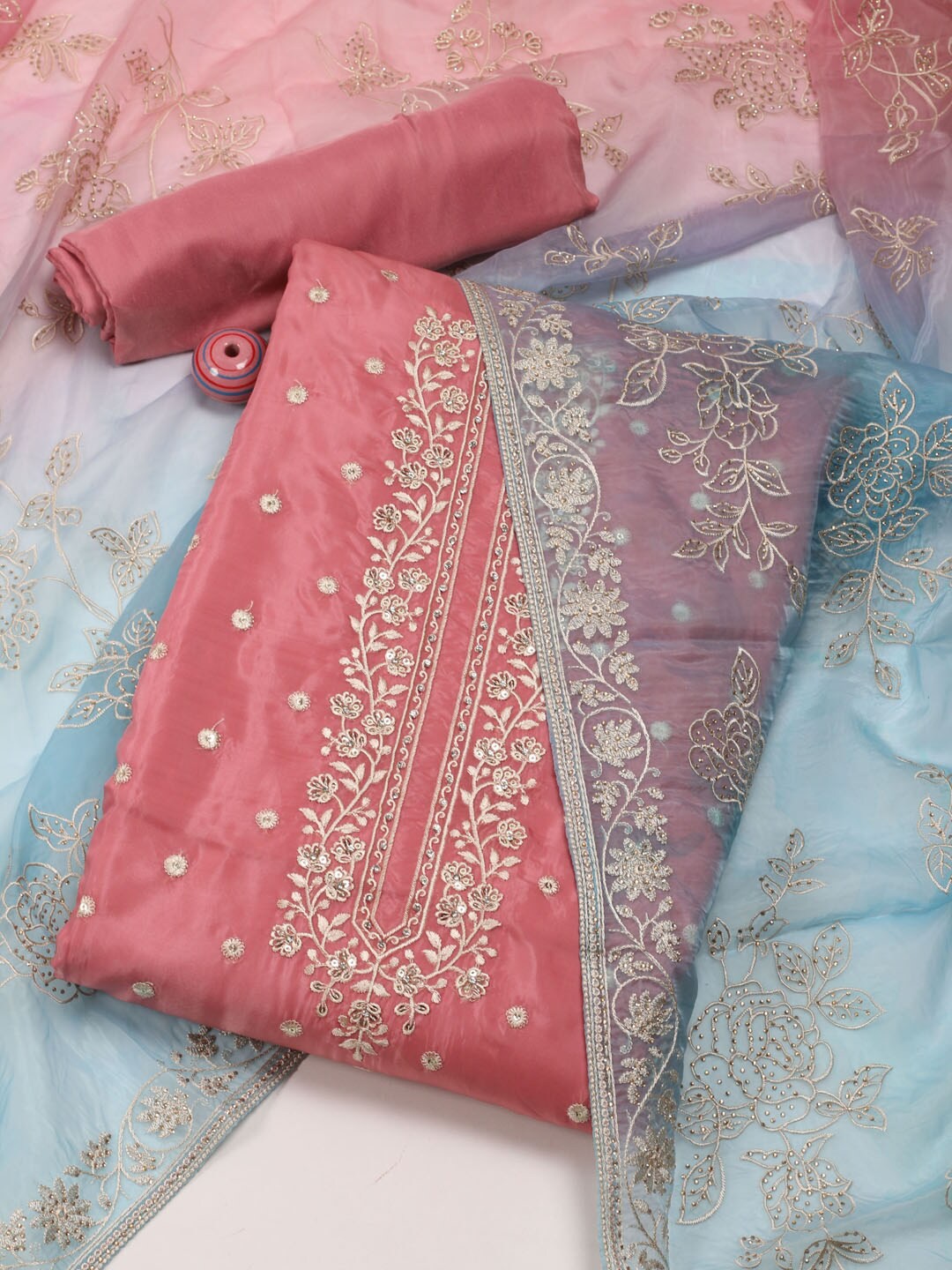 

Meena Bazaar Embroidered Organza Unstitched Dress Material, Pink