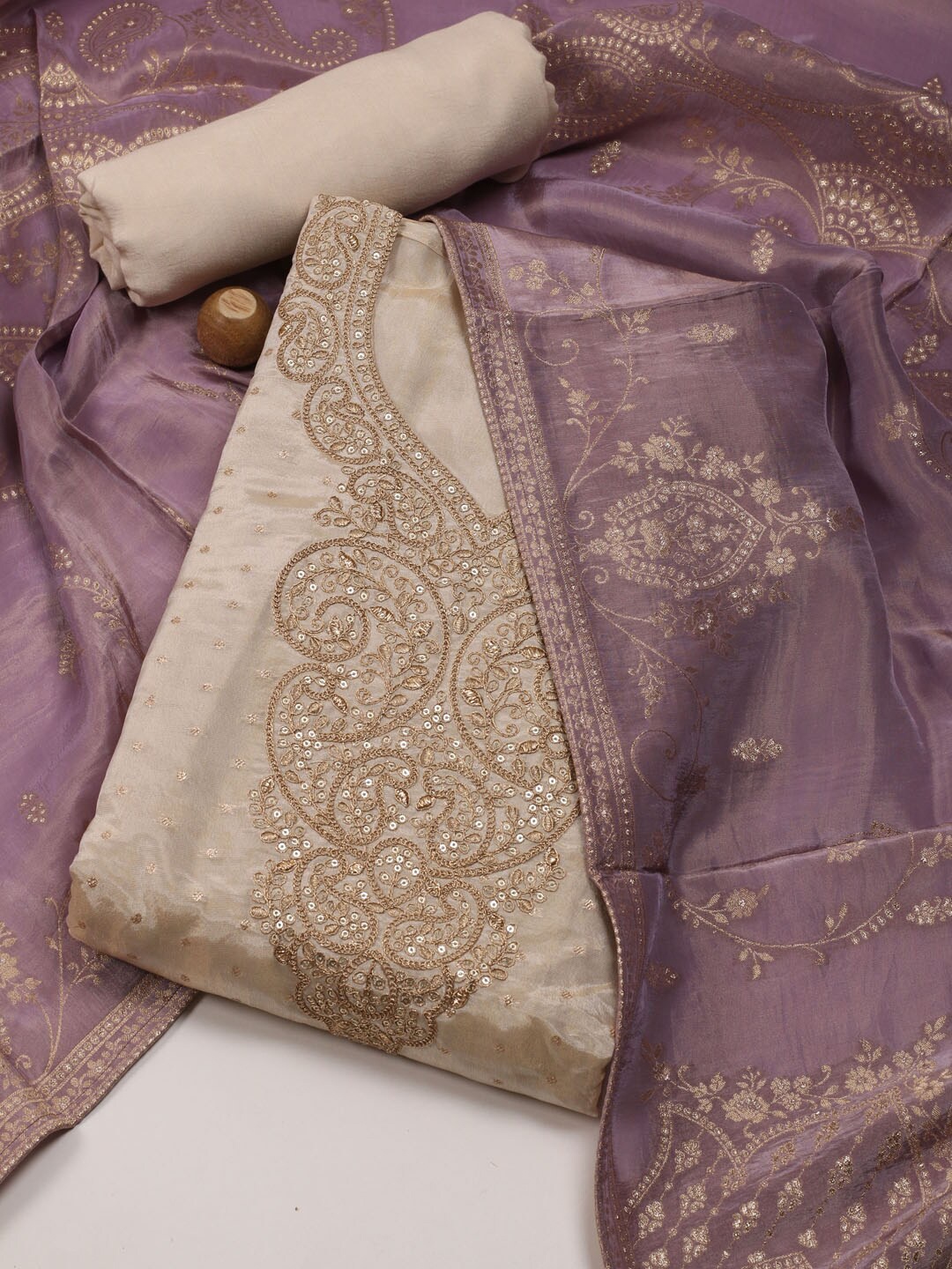 

Meena Bazaar Floral Embroidered Unstitched Dress Material, Gold