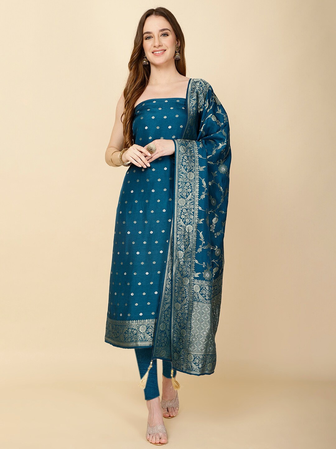 

Meena Bazaar Floral Woven Design Unstitched Dress Material, Teal