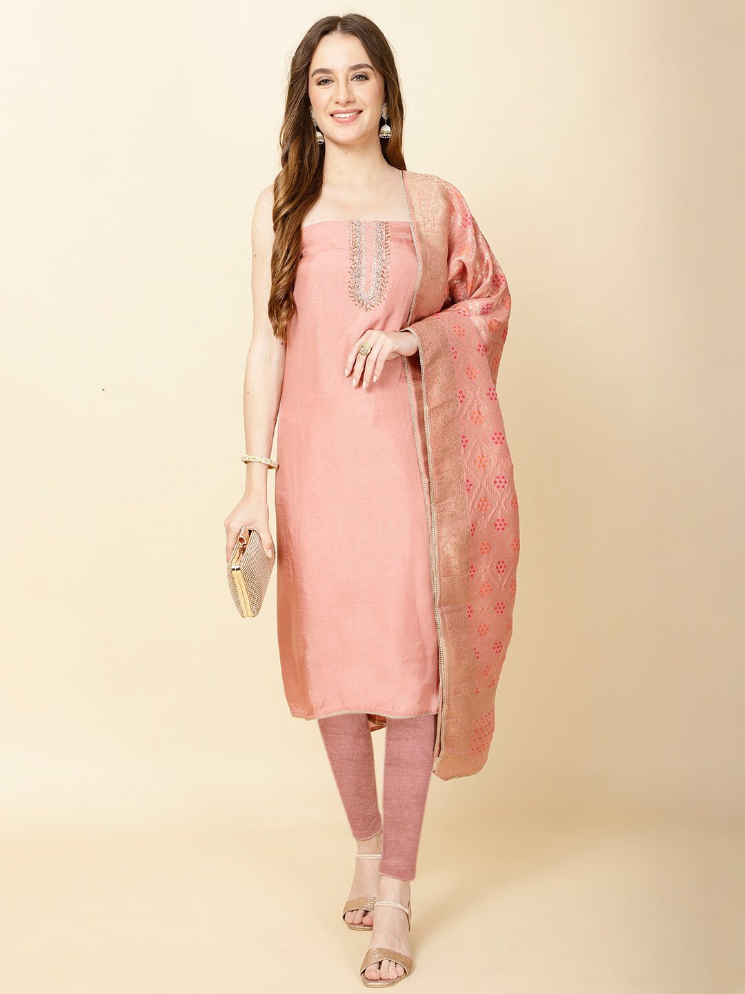 

Meena Bazaar Embroidered Chanderi Unstitched Dress Material, Peach