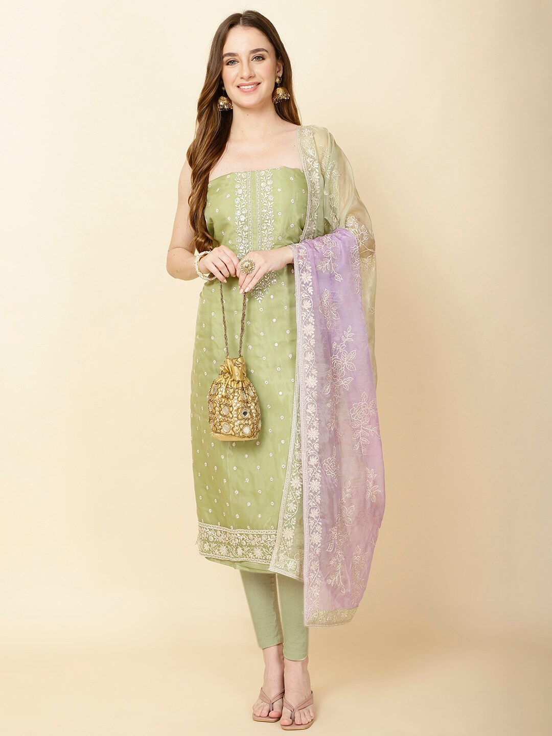 

Meena Bazaar Embroidered Organza Unstitched Dress Material, Green