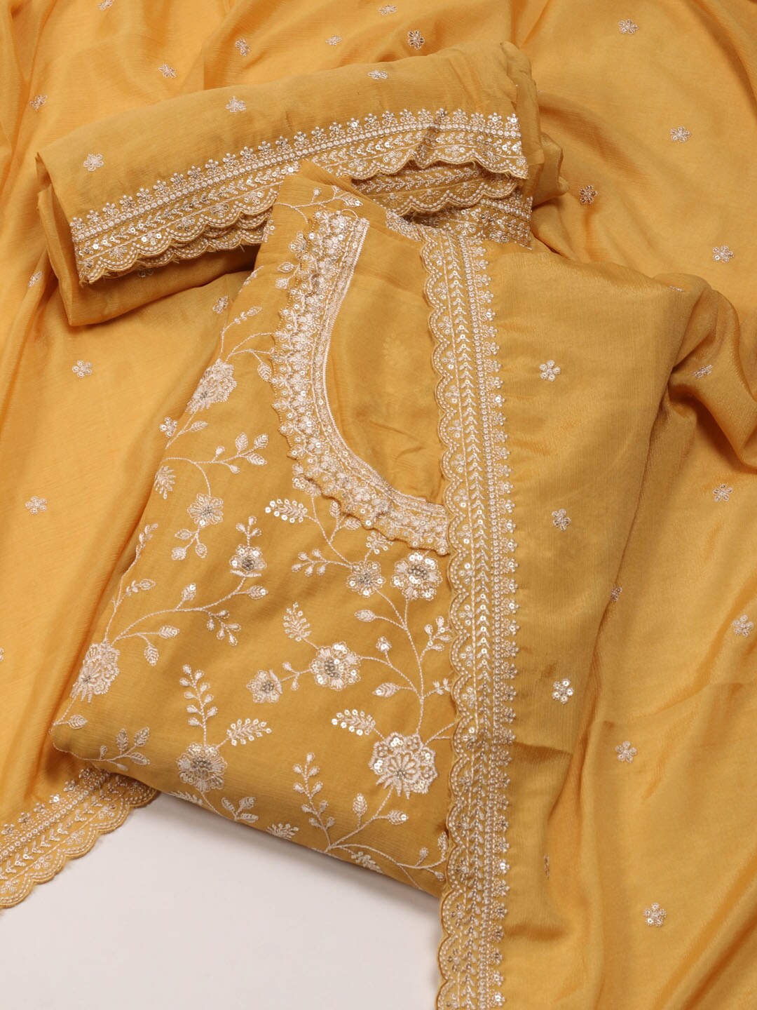 

Meena Bazaar Floral Embroidered Art Silk Unstitched Dress Material, Yellow