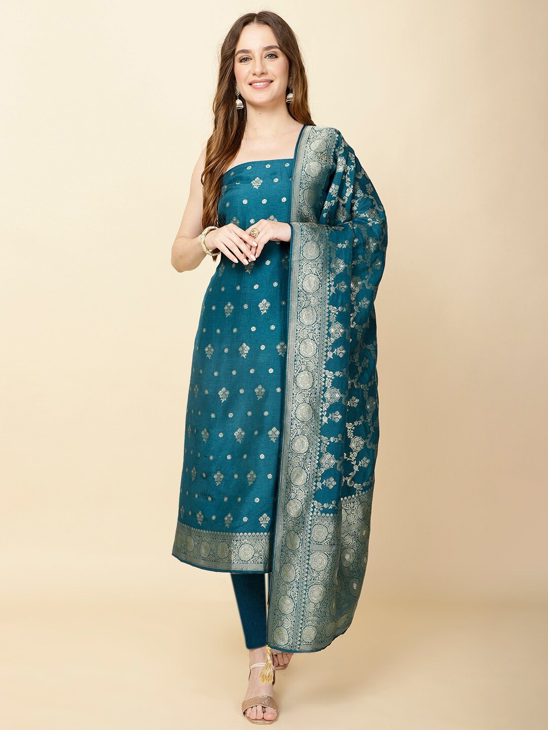 

Meena Bazaar Woven Design Art Silk Unstitched Dress Material, Teal