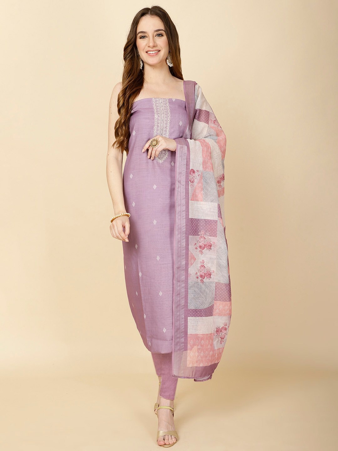 

Meena Bazaar Embroidered Linen Unstitched Dress Material, Purple