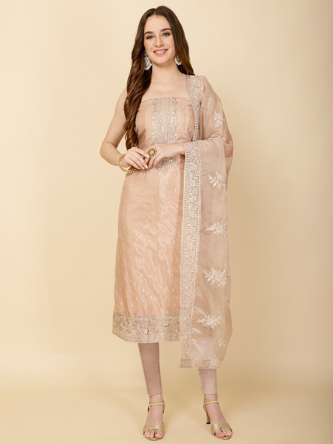 

Meena Bazaar Embroidered Organza Unstitched Dress Material, Beige