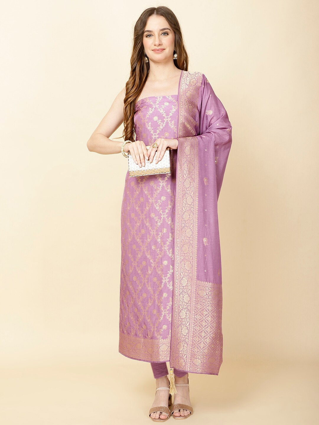 

Meena Bazaar Ethnic Motifs Woven Design Art Silk Chanderi Unstitched Dress Material, Lavender