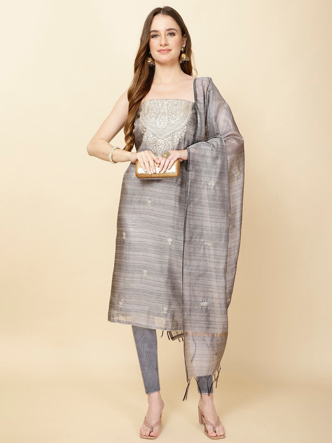 

Meena Bazaar Floral Embroidered Unstitched Dress Material, Grey