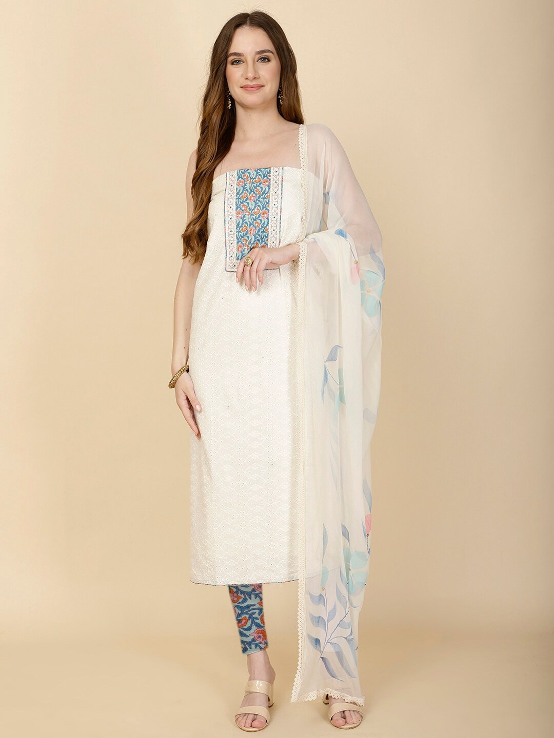 

Meena Bazaar Floral Woven Design Unstitched Dress Material, White