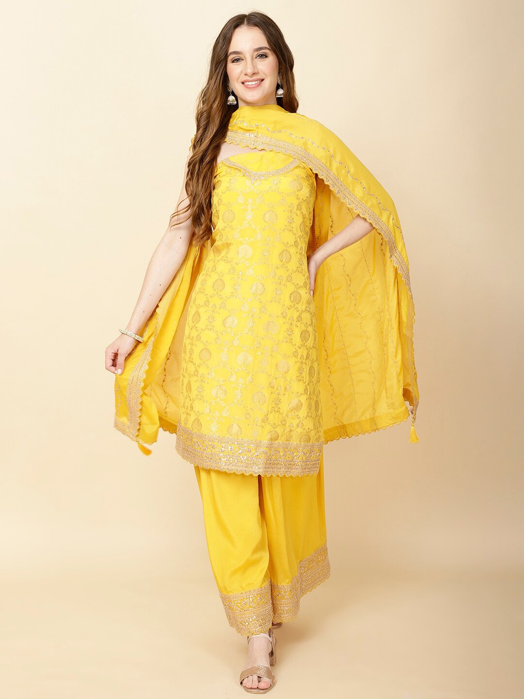 

Meena Bazaar Floral Woven Design Unstitched Dress Material, Mustard