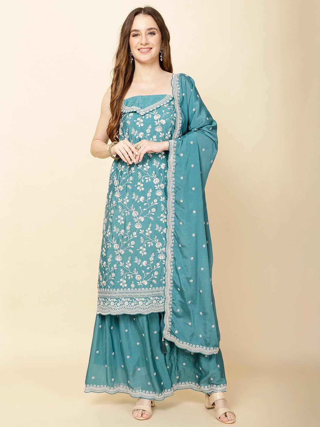 

Meena Bazaar Floral Embroidered Unstitched Dress Material, Blue