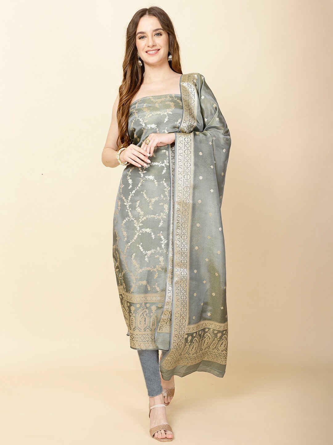 

Meena Bazaar Floral Woven Design Zari Unstitched Dress Material, Grey