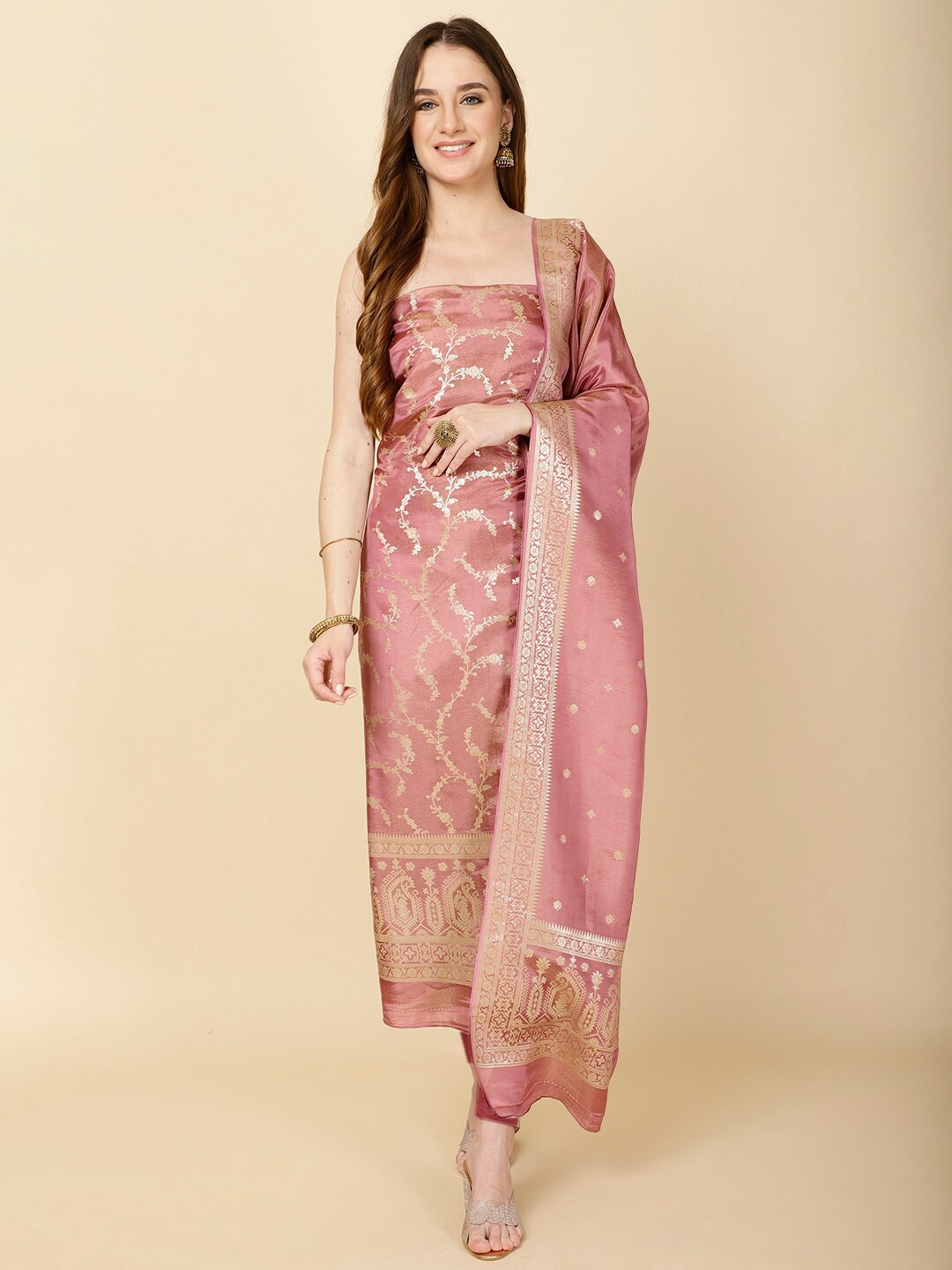 

Meena Bazaar Ethnic Motifs Woven Design Unstitched Dress Material, Pink