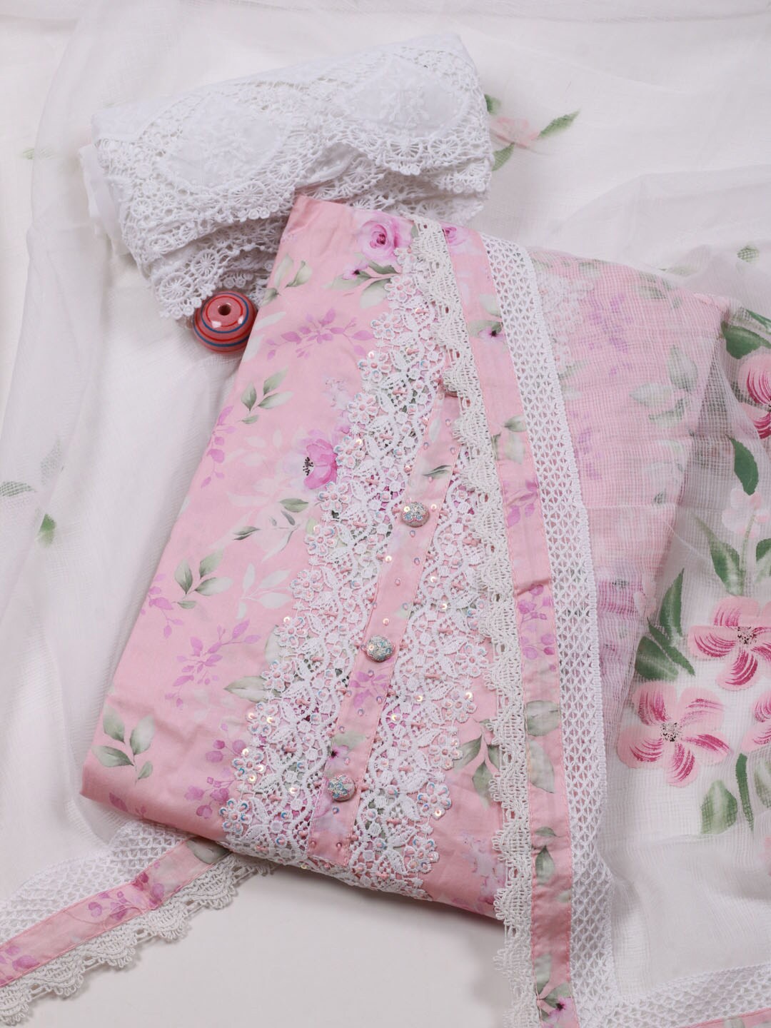 

Meena Bazaar Floral Printed Unstitched Dress Material, Pink
