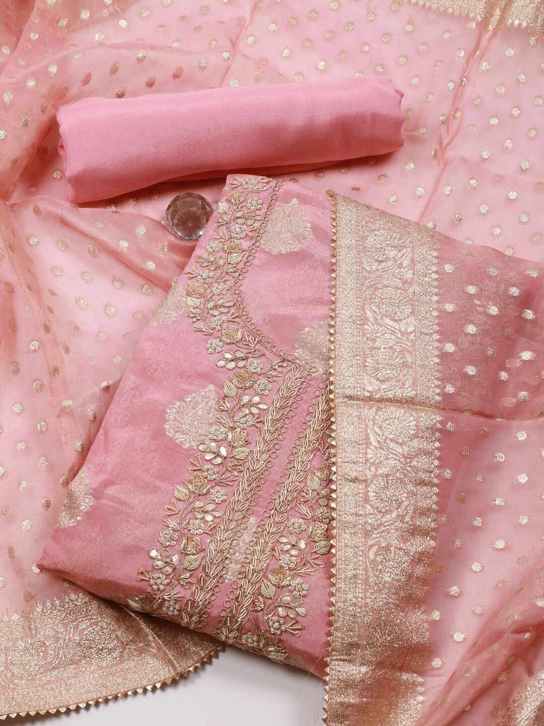 

Meena Bazaar Floral Woven Design Unstitched Dress Material, Peach