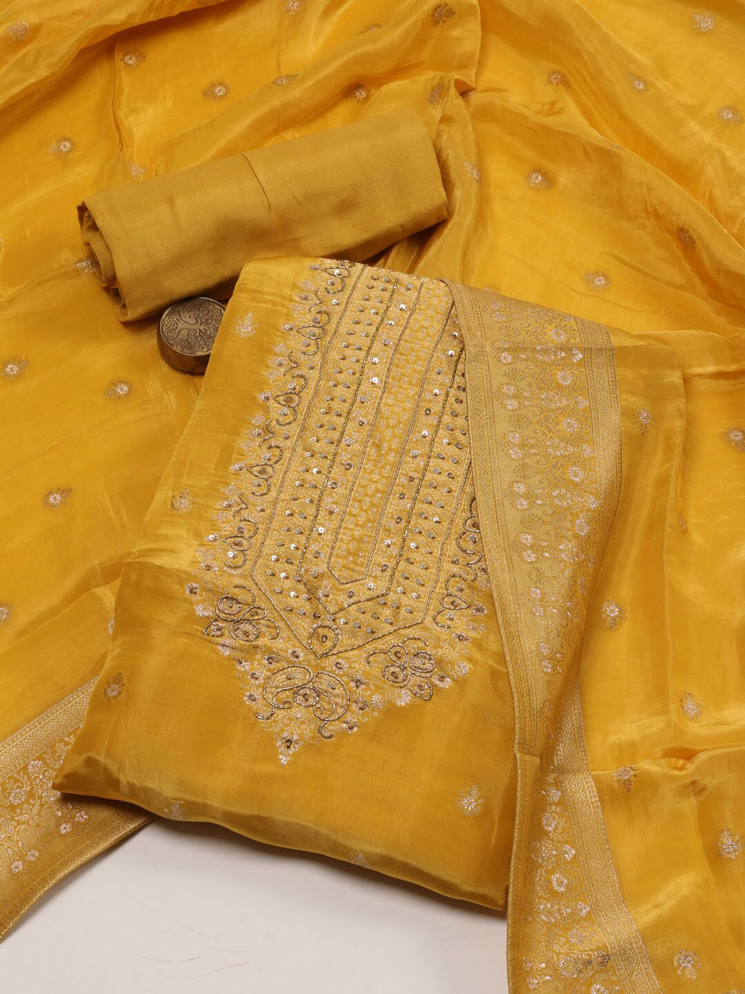 

Meena Bazaar Embroidered Art Silk Unstitched Dress Material, Yellow