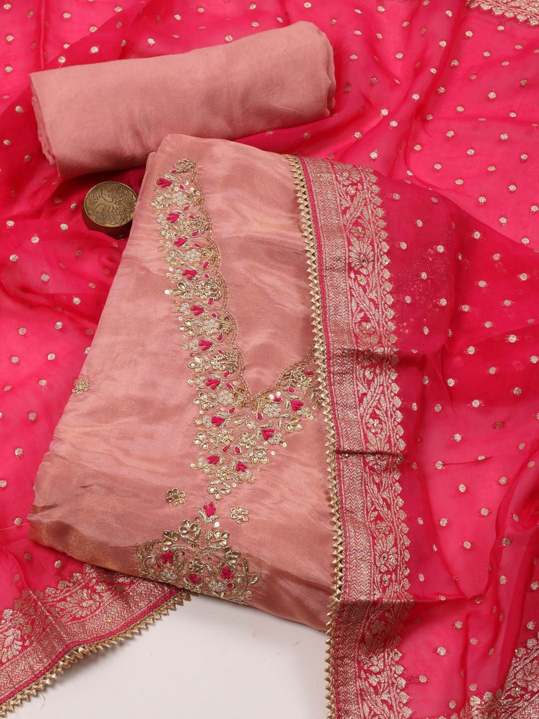 

Meena Bazaar Embroidered Art Silk Unstitched Dress Material, Peach
