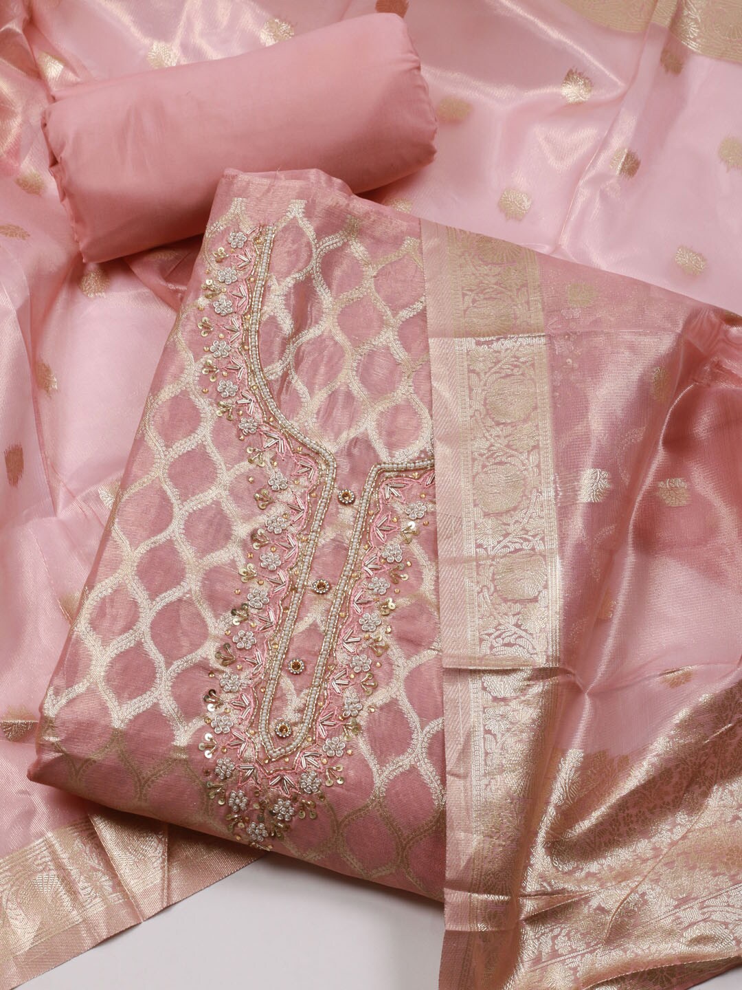

Meena Bazaar Geometric Woven Design Unstitched Dress Material, Pink