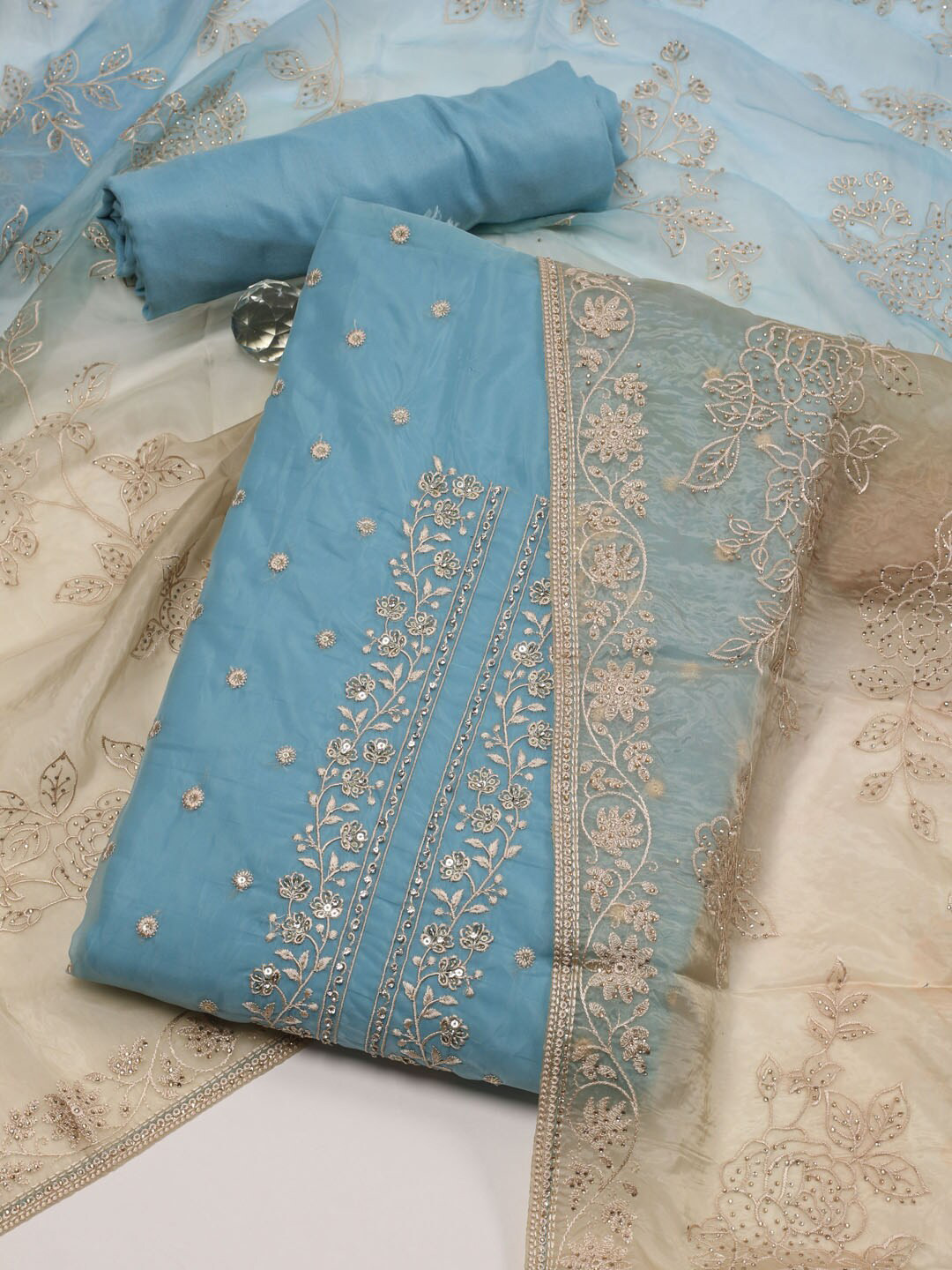 

Meena Bazaar Floral Embroidered Sequinned Unstitched Dress Material, Blue