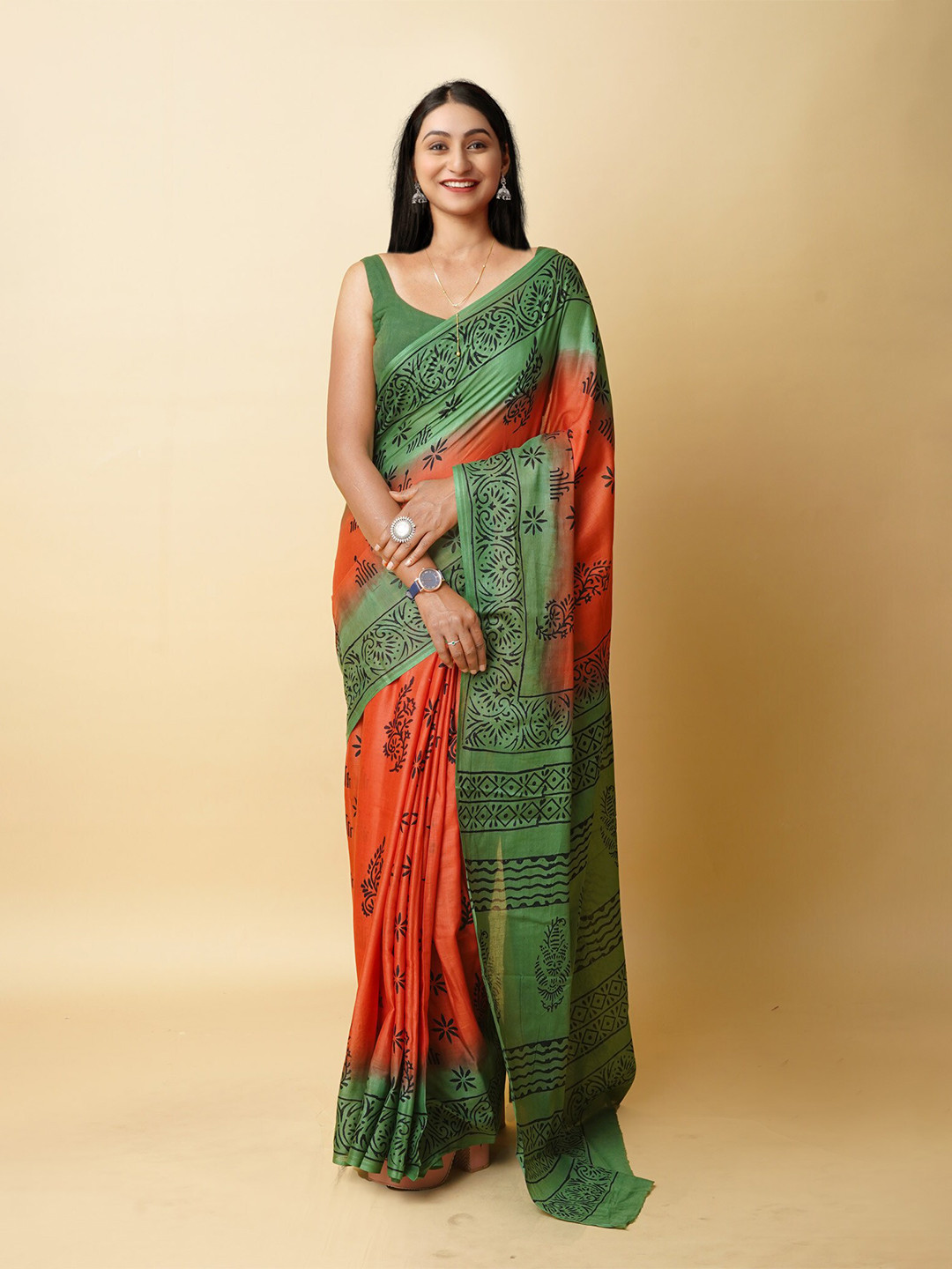 

Unnati Silks Ethnic Motifs Pure Cotton Block Print Saree, Orange