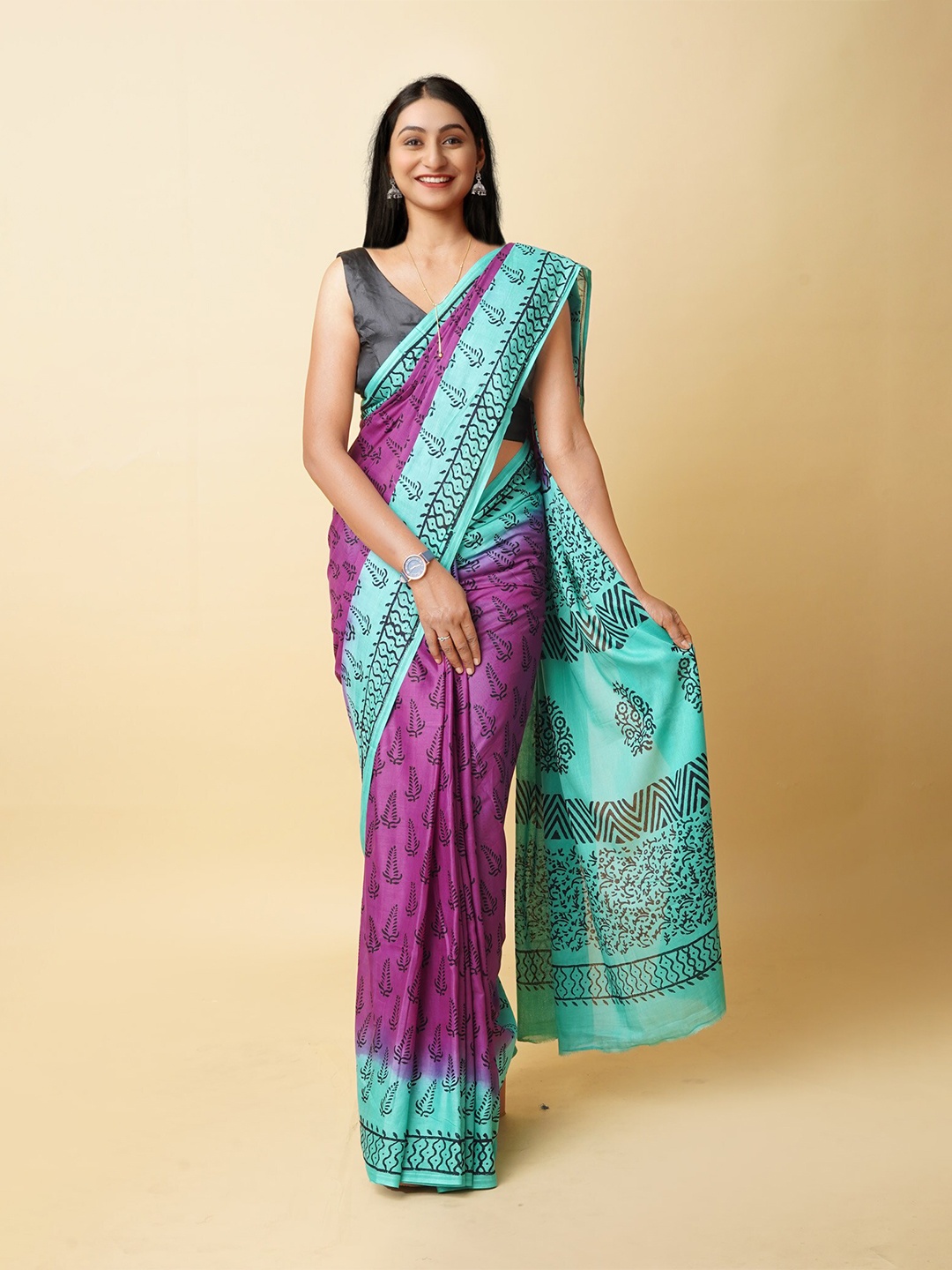 

Unnati Silks Ethnic Motifs Printed Pure Cotton Block Print Saree, Purple